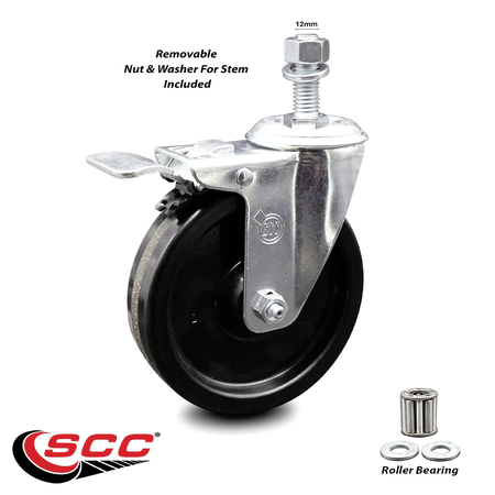 Service Caster 5 Inch Phenolic Swivel 12mm Threaded Stem Caster with Total Lock Brake SCC SCC-TSTTL20S514-PHR-M1215